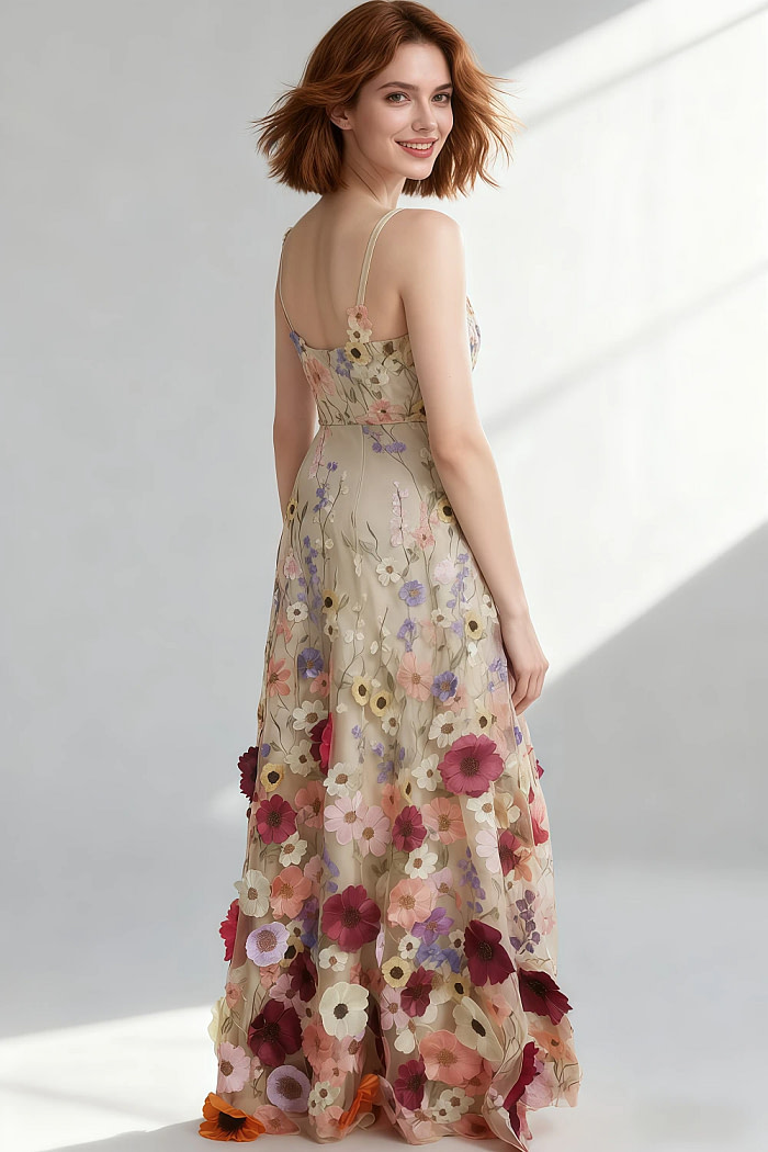 Akaks Lone Champagne Plus Size Wedding Guest Dress A-Line V-Neck Floor Length Tulle Dress With 3D Flower Image838396