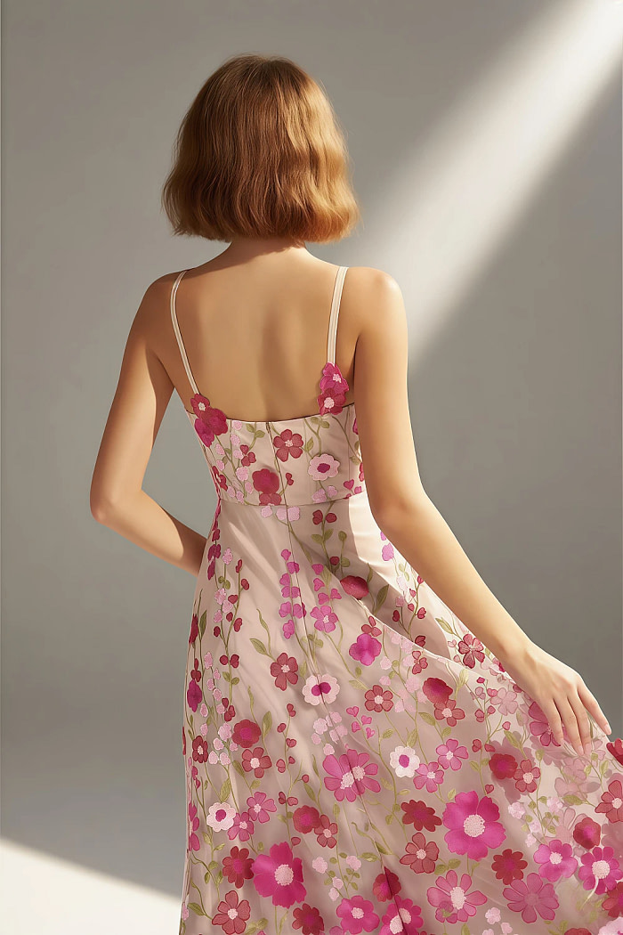 Akaks Lone Fuchsia Wedding Guest Dress A-Line V-Neck Floor Length Tulle Dress With 3D Flower Image115413
