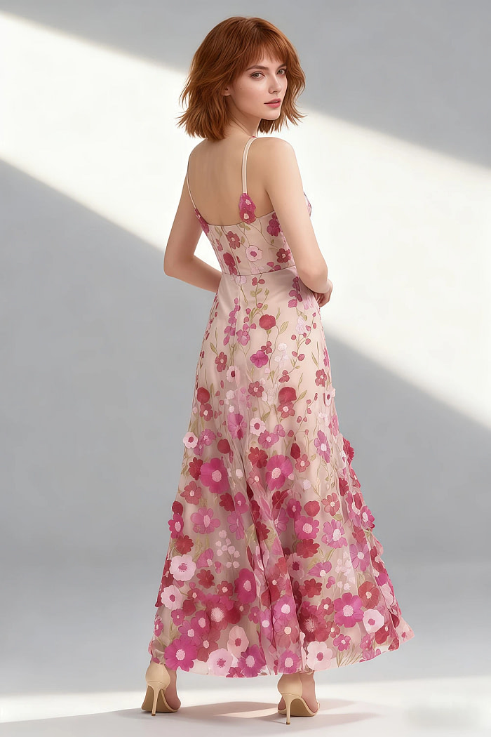 Akaks Lone Fuchsia Wedding Guest Dress A-Line V-Neck Floor Length Tulle Dress With 3D Flower Image749829