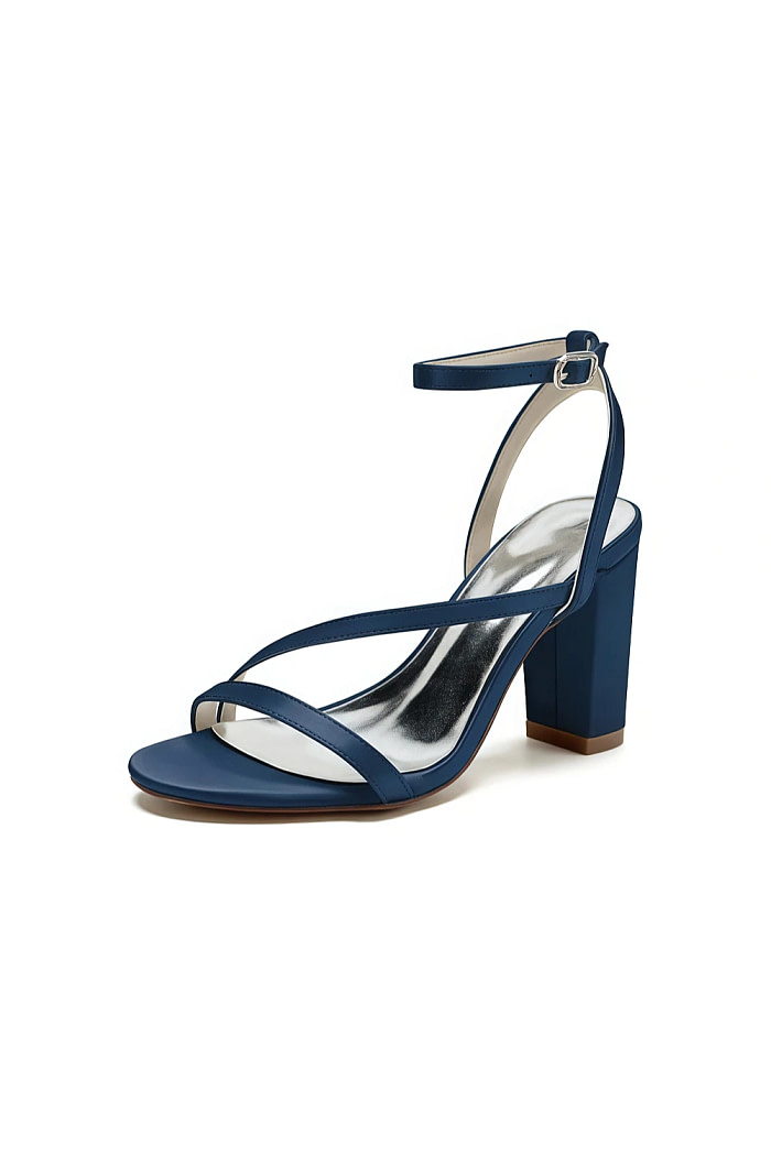 Akaks Navy Blue Satin Nara Womens Block Heel Sandals With Ankle Strap Image903586