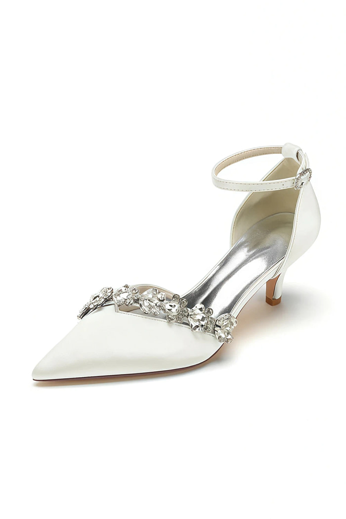 Akaks Satin Pointed Toe Rhinestone Kelsey Ivory Kitten Heels With Ankle Strap Image546251