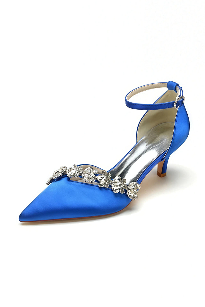 Akaks Satin Pointed Toe Rhinestone Kelsey Royal Blue Kitten Heels With Ankle Strap Image310881
