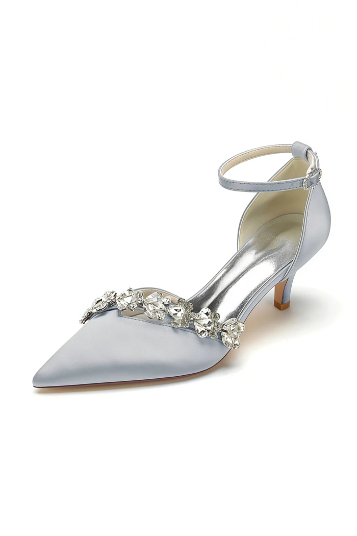 Akaks Satin Pointed Toe Rhinestone Kelsey Silver Kitten Heels With Ankle Strap Image152395