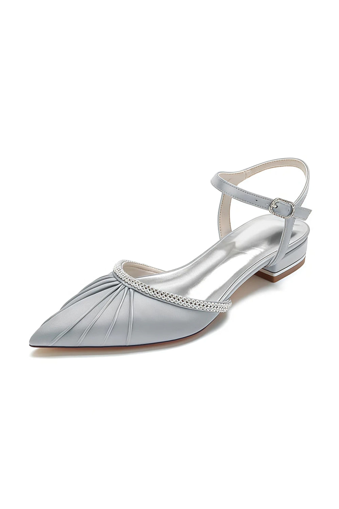 Akaks Silver Pointed Toe Astra Satin Flats With Rhinestone Image823278