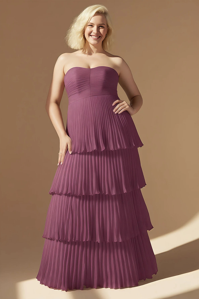 Akaks Veda Chianti Wedding Guest Dress A-Line Strapless Sweetheart Neckline Floor Length Chiffon Dress With Tiered Ruffle Image121373