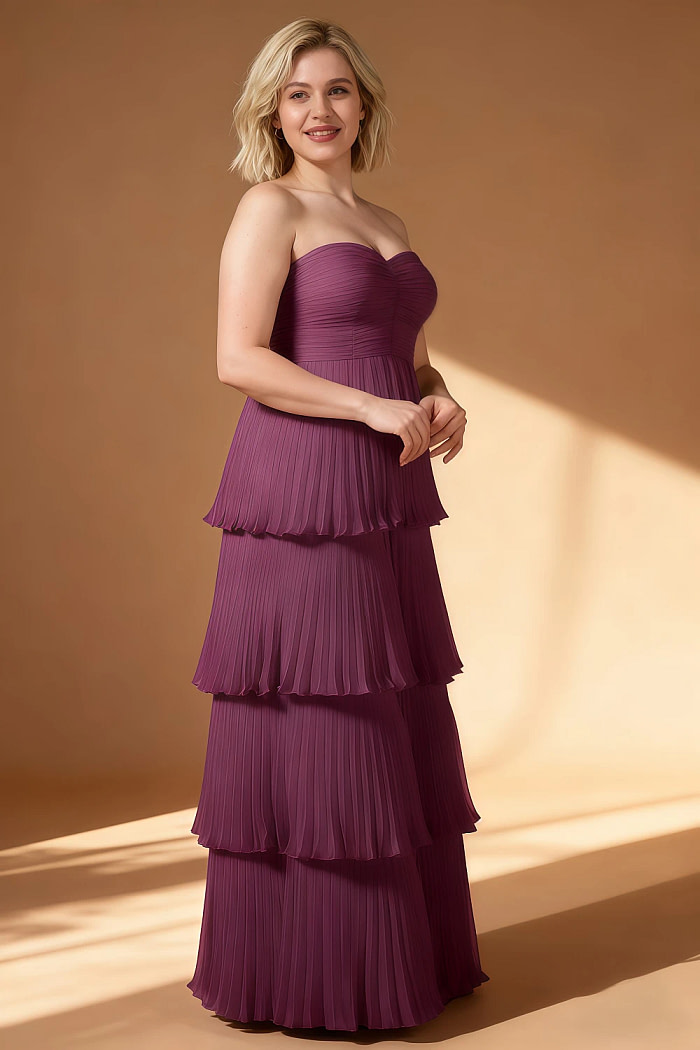Akaks Veda Chianti Wedding Guest Dress A-Line Strapless Sweetheart Neckline Floor Length Chiffon Dress With Tiered Ruffle Image410097