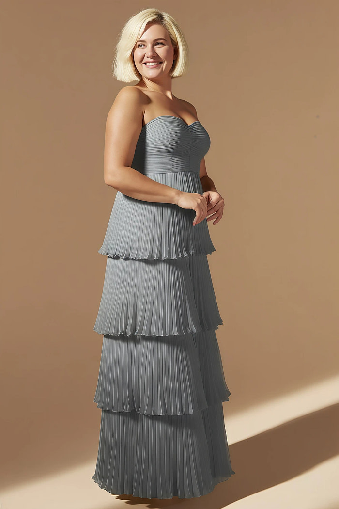 Akaks Veda Dark Grey Wedding Guest Dress A-Line Strapless Sweetheart Neckline Floor Length Chiffon Dress With Tiered Ruffle Image140080