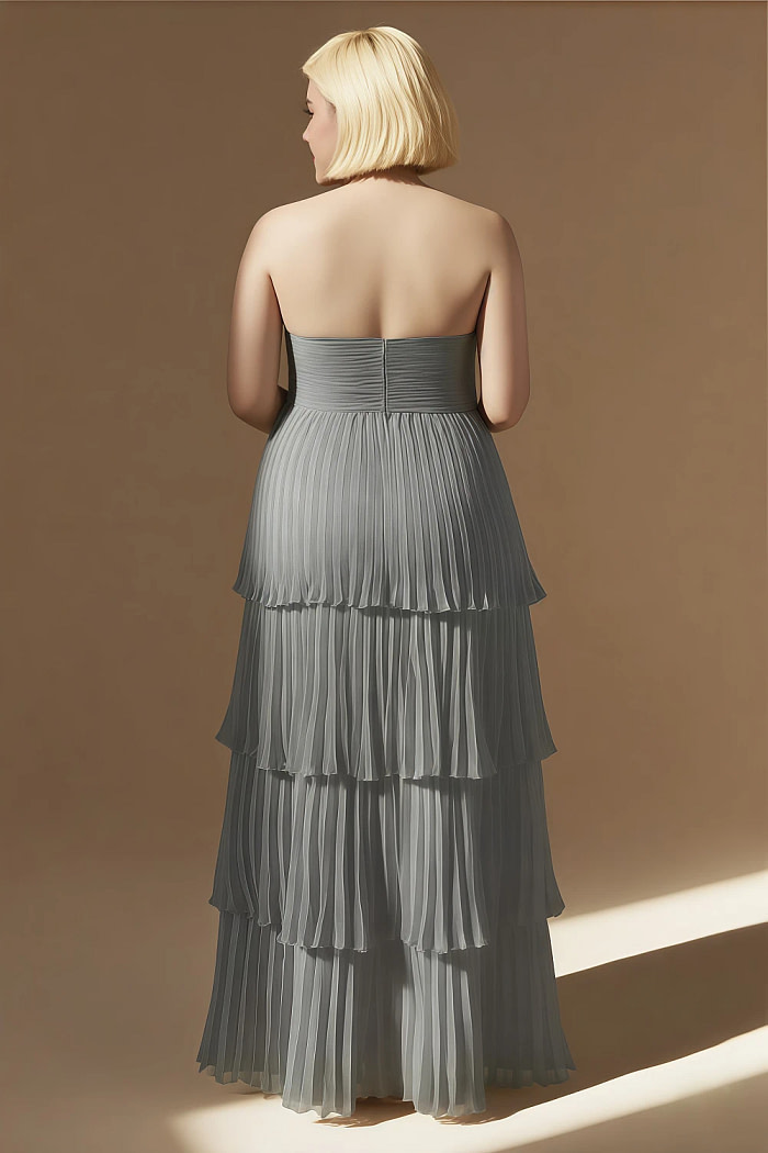 Akaks Veda Dark Grey Wedding Guest Dress A-Line Strapless Sweetheart Neckline Floor Length Chiffon Dress With Tiered Ruffle Image408724