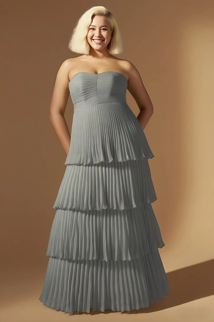 Akaks Veda Dark Grey Wedding Guest Dress A-Line Strapless Sweetheart Neckline Floor Length Chiffon Dress With Tiered Ruffle Image882893