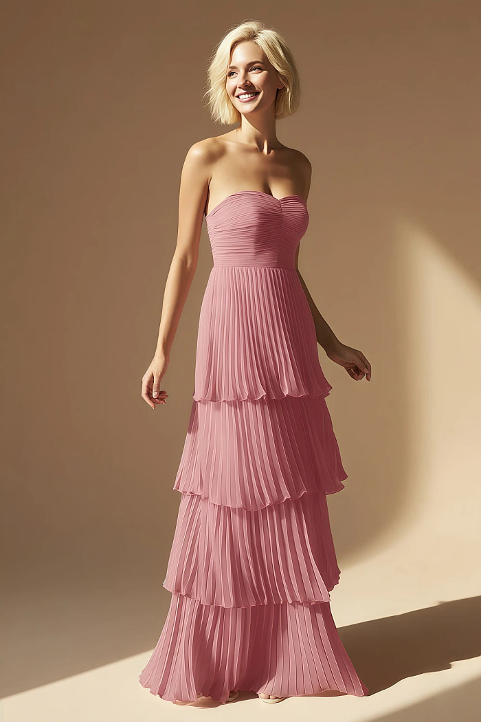 Akaks Veda Desert Rose Wedding Guest Dress Plus Size A-Line Strapless Sweetheart Neckline Floor Length Chiffon Dress With Tiered Ruffle Image222184