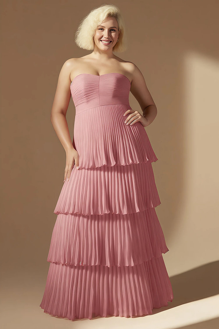 Akaks Veda Desert Rose Wedding Guest Dress Plus Size A-Line Strapless Sweetheart Neckline Floor Length Chiffon Dress With Tiered Ruffle Image270135