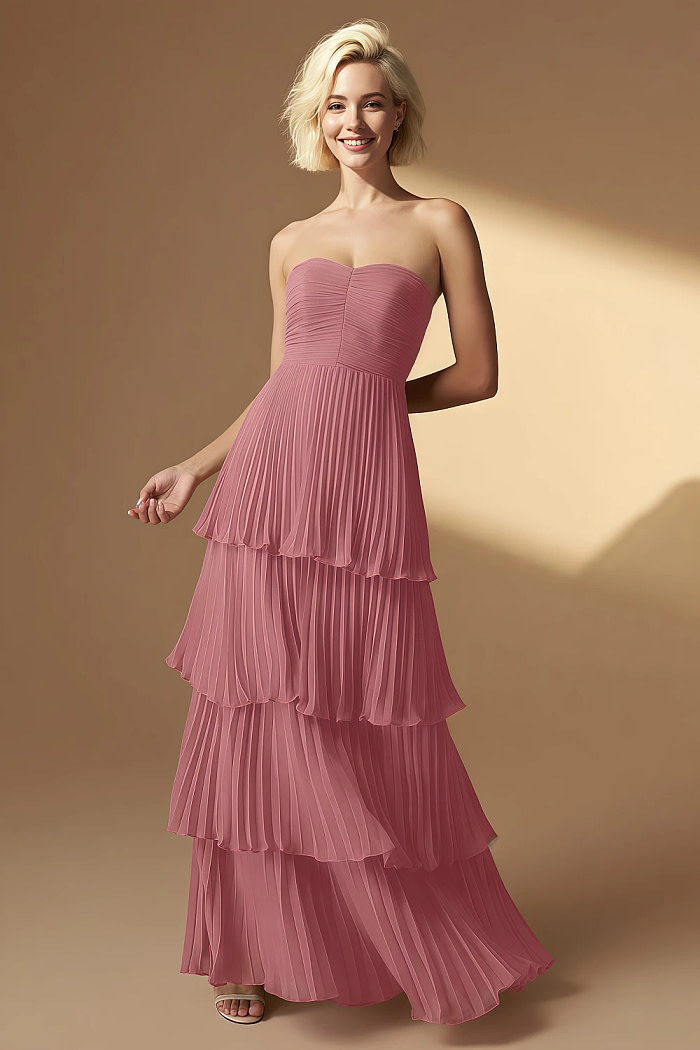 Akaks Veda Desert Rose Wedding Guest Dress Plus Size A-Line Strapless Sweetheart Neckline Floor Length Chiffon Dress With Tiered Ruffle Image577431