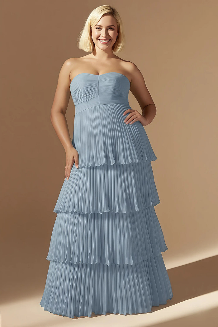 Akaks Veda Dusty Blue Dresses For Wedding Guest A-Line Strapless Sweetheart Neckline Floor Length Chiffon Dress With Tiered Ruffle Image271192