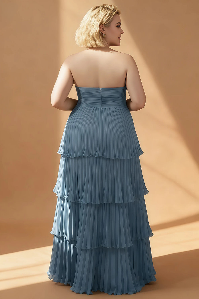 Akaks Veda Dusty Blue Dresses For Wedding Guest A-Line Strapless Sweetheart Neckline Floor Length Chiffon Dress With Tiered Ruffle Image626790