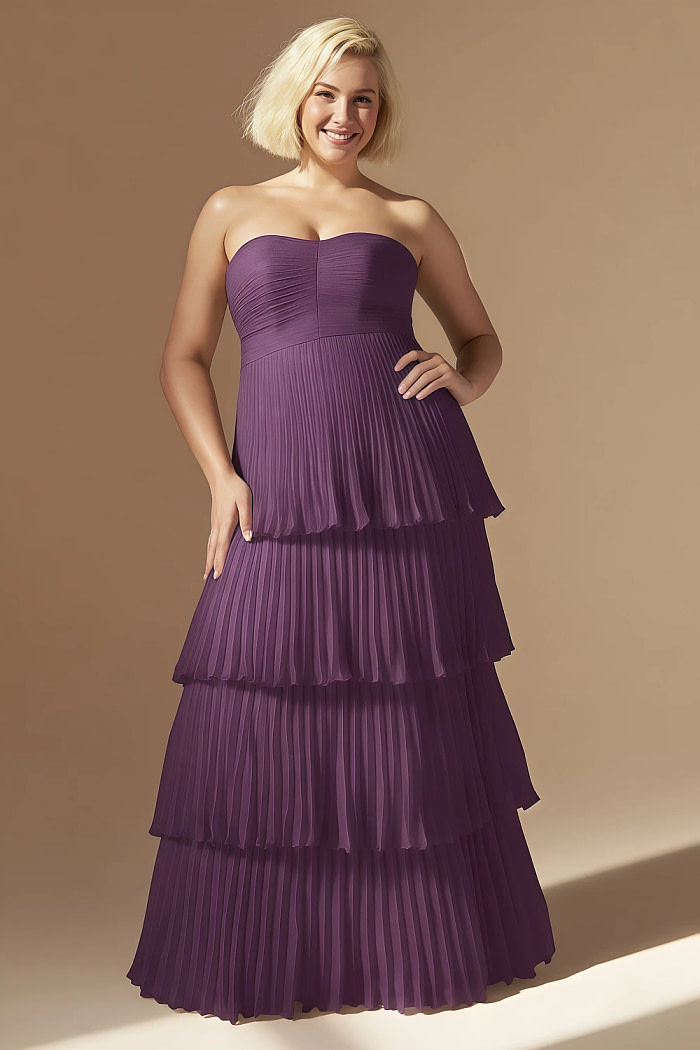 Akaks Veda Grape Wedding Guest Dress A-Line Strapless Sweetheart Neckline Floor Length Chiffon Dress With Tiered Ruffle Image127633