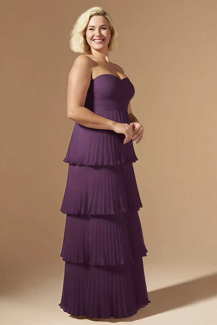 Akaks Veda Grape Wedding Guest Dress A-Line Strapless Sweetheart Neckline Floor Length Chiffon Dress With Tiered Ruffle Image173301