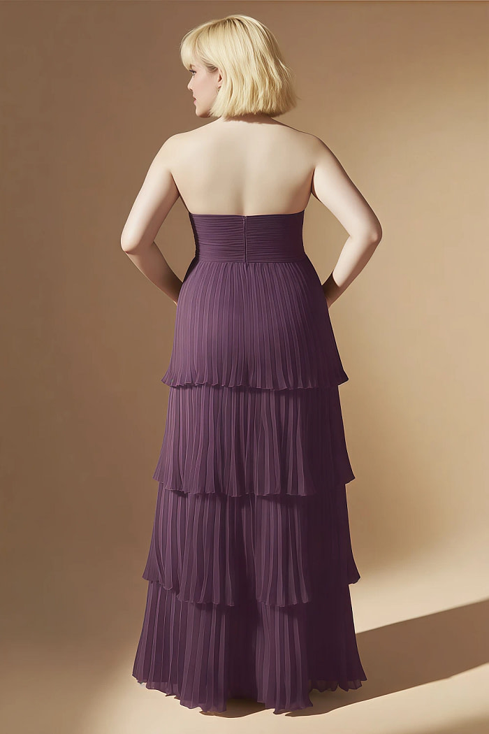 Akaks Veda Grape Wedding Guest Dress A-Line Strapless Sweetheart Neckline Floor Length Chiffon Dress With Tiered Ruffle Image264248