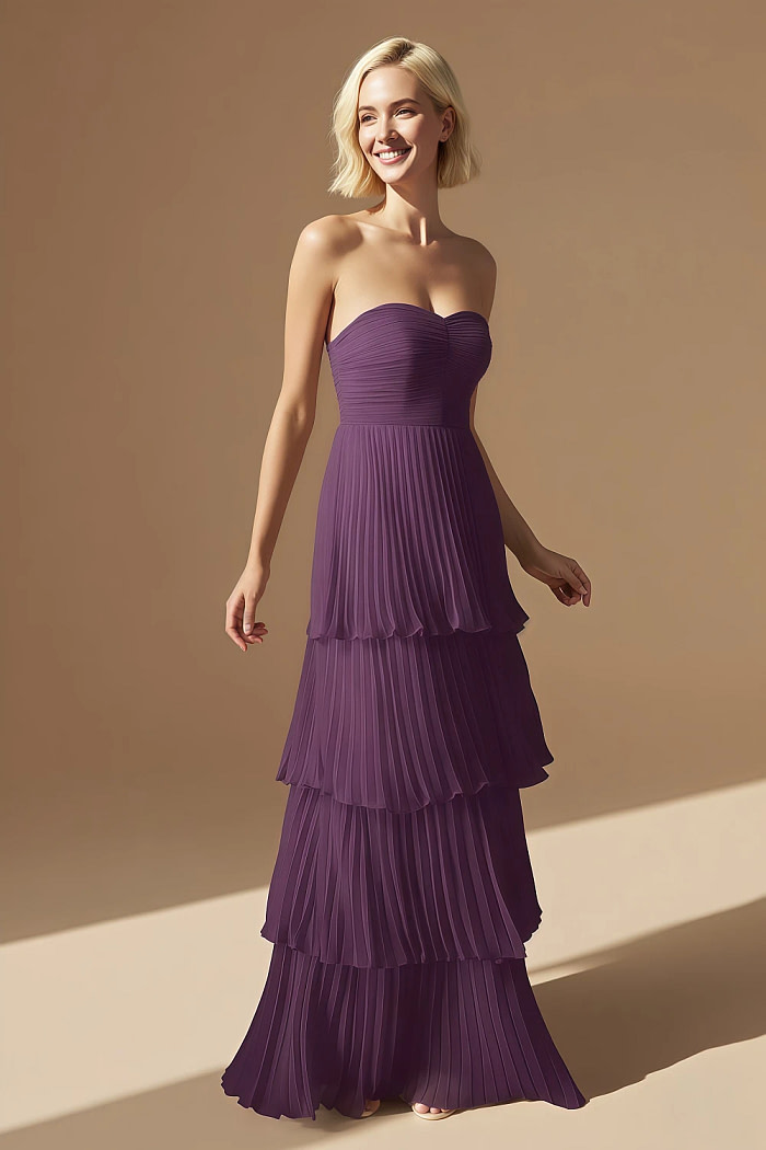 Akaks Veda Grape Wedding Guest Dress A-Line Strapless Sweetheart Neckline Floor Length Chiffon Dress With Tiered Ruffle Image879989