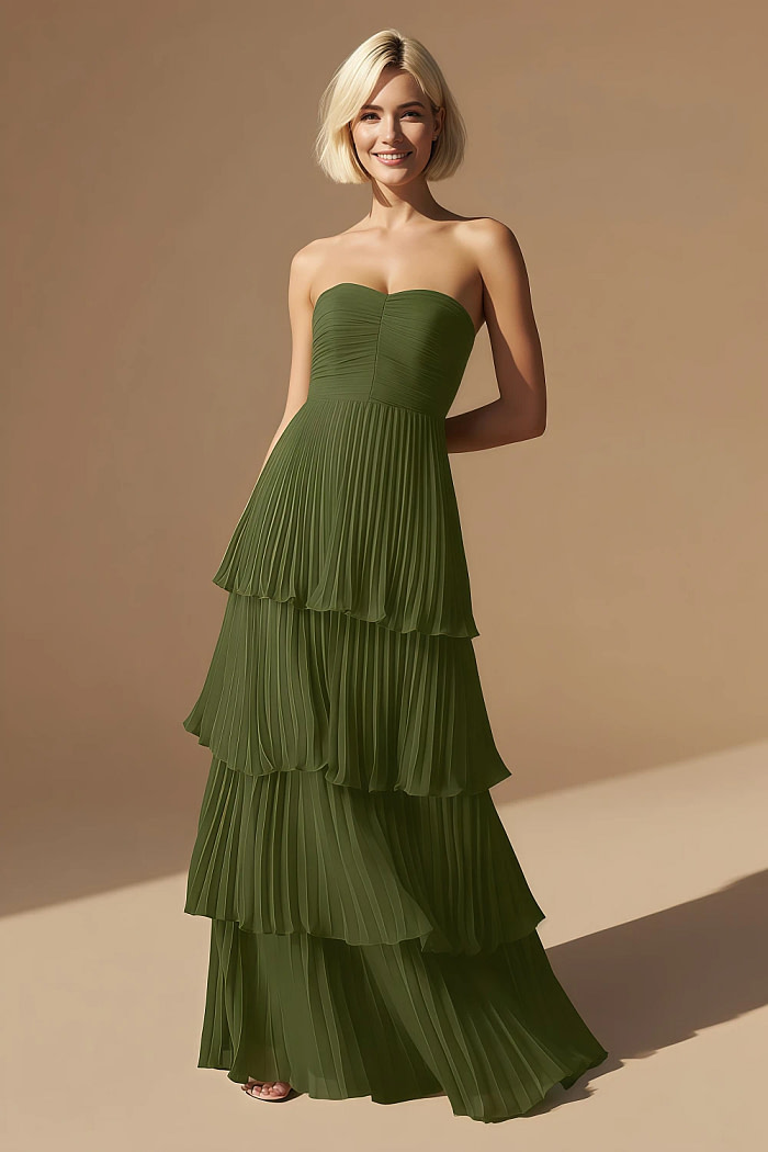 Akaks Veda Olive Green Plus Size Dress For Wedding Guest A-Line Strapless Sweetheart Neckline Floor Length Chiffon Dress With Tiered Ruffle Image238503
