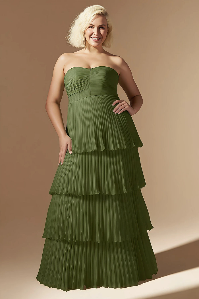 Akaks Veda Olive Green Plus Size Dress For Wedding Guest A-Line Strapless Sweetheart Neckline Floor Length Chiffon Dress With Tiered Ruffle Image615472