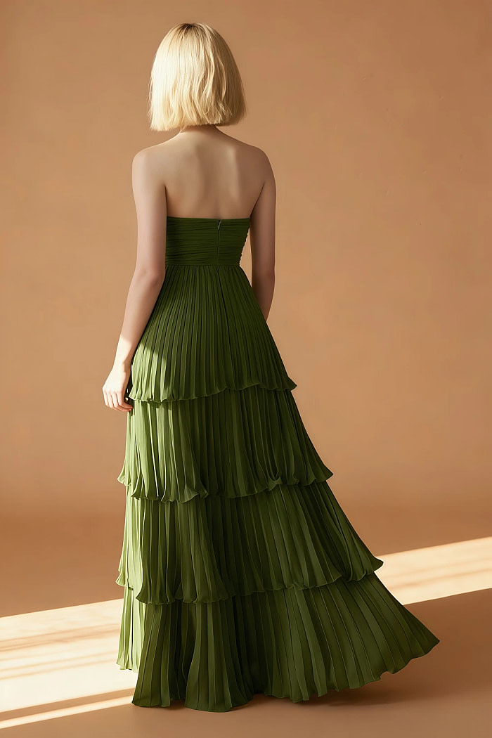 Akaks Veda Olive Green Plus Size Dress For Wedding Guest A-Line Strapless Sweetheart Neckline Floor Length Chiffon Dress With Tiered Ruffle Image630189