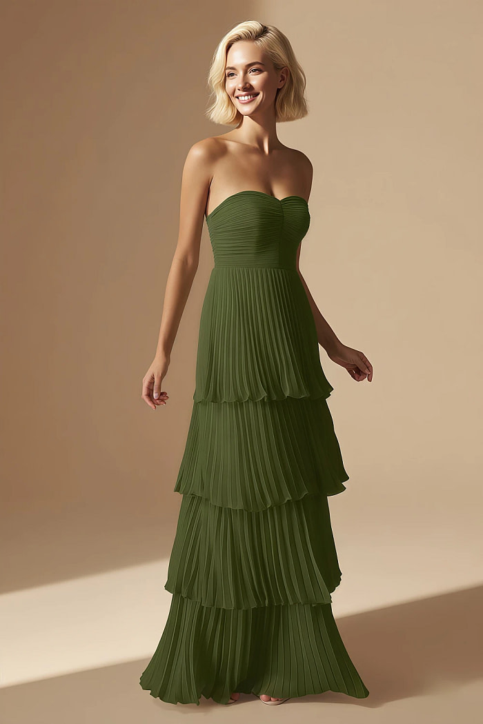 Akaks Veda Olive Green Plus Size Dress For Wedding Guest A-Line Strapless Sweetheart Neckline Floor Length Chiffon Dress With Tiered Ruffle Image650388