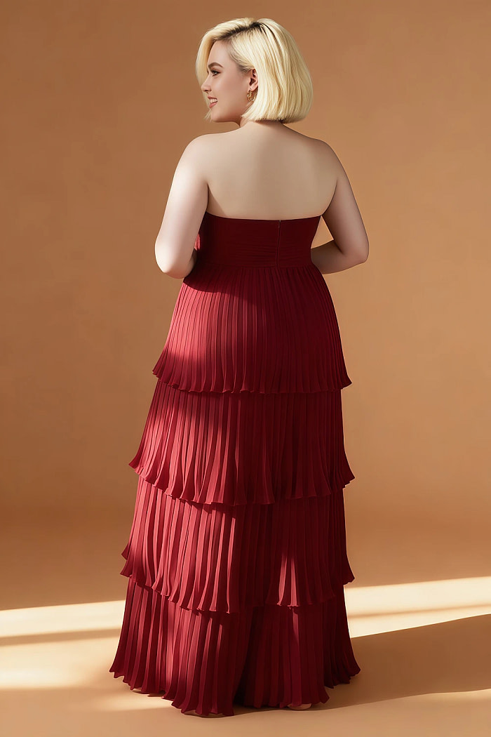 Akaks Veda Pomegranate Wedding Guest Dress A-Line Strapless Sweetheart Neckline Floor Length Chiffon Dress With Tiered Ruffle Image209818