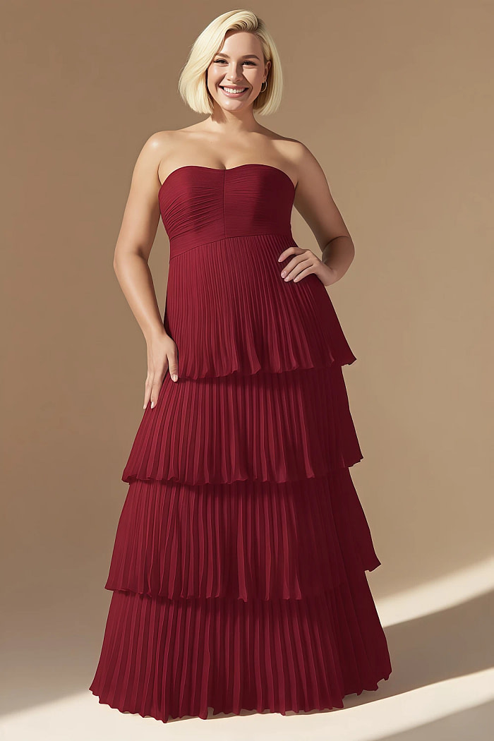 Akaks Veda Pomegranate Wedding Guest Dress A-Line Strapless Sweetheart Neckline Floor Length Chiffon Dress With Tiered Ruffle Image354053
