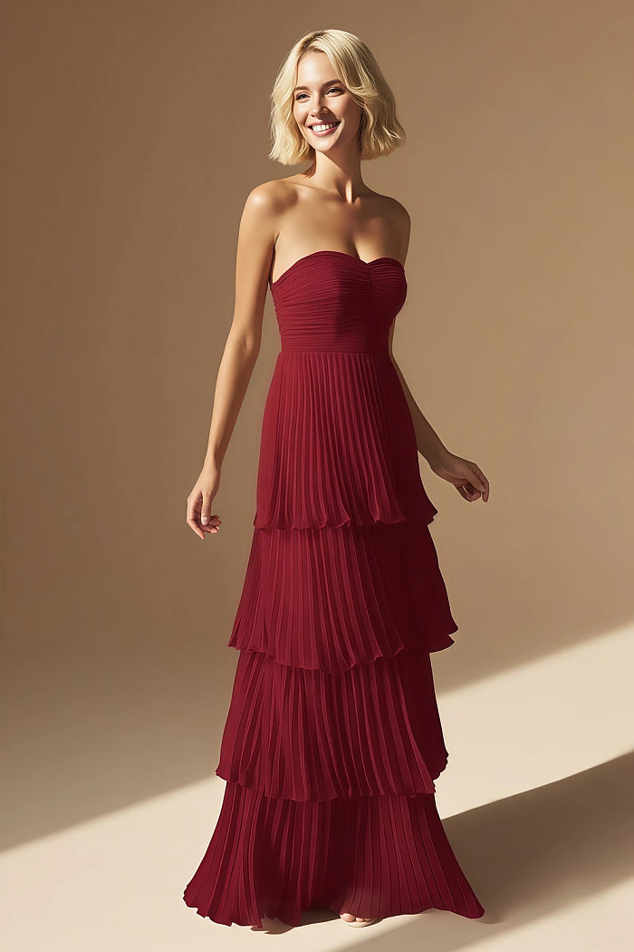 Akaks Veda Pomegranate Wedding Guest Dress A-Line Strapless Sweetheart Neckline Floor Length Chiffon Dress With Tiered Ruffle Image380662