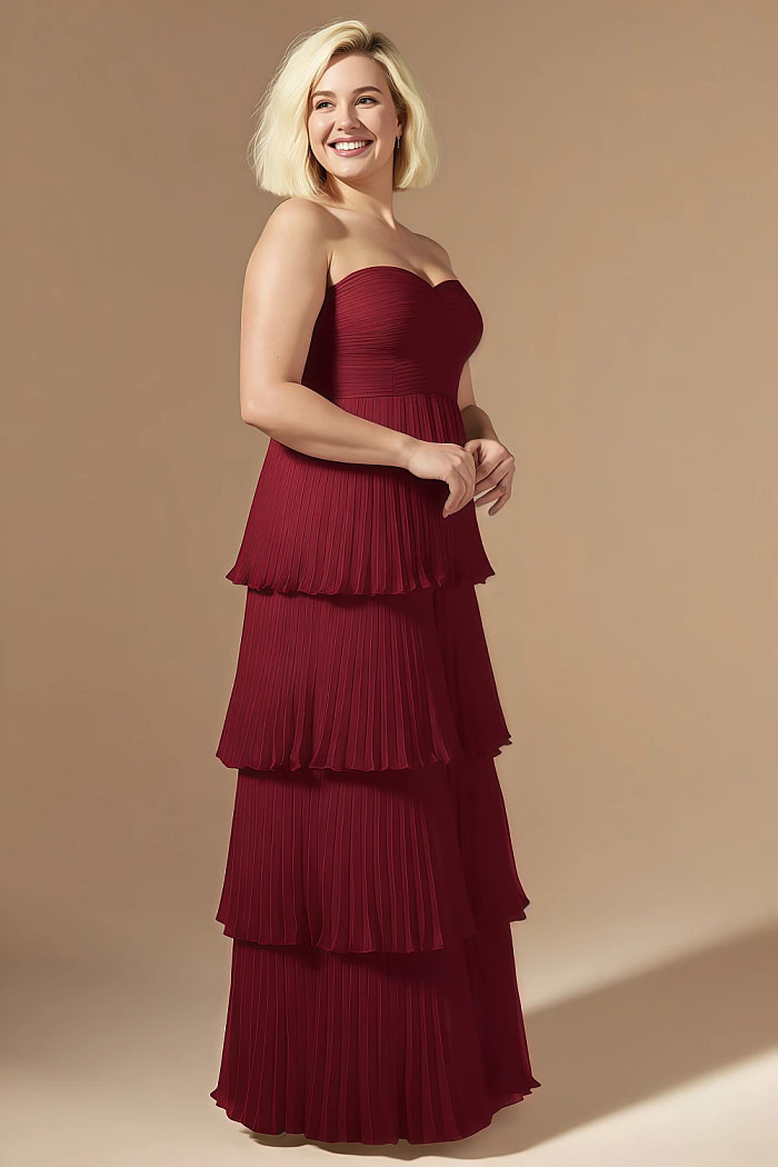 Akaks Veda Pomegranate Wedding Guest Dress A-Line Strapless Sweetheart Neckline Floor Length Chiffon Dress With Tiered Ruffle Image470931