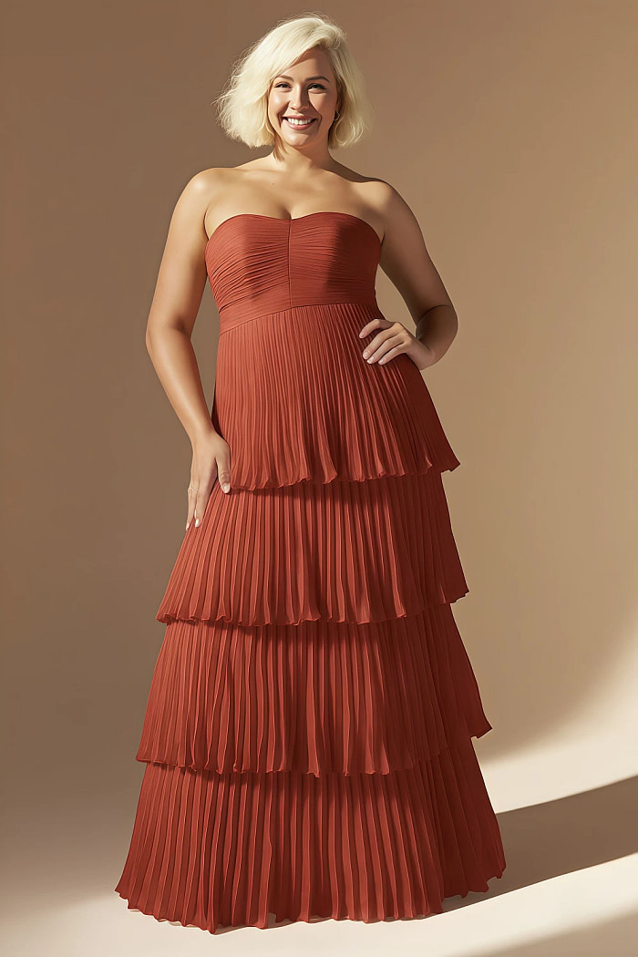 Akaks Veda Rust Plus Size Dresses For Wedding Guest A-Line Strapless Sweetheart Neckline Floor Length Chiffon Dress With Tiered Ruffle Image366780