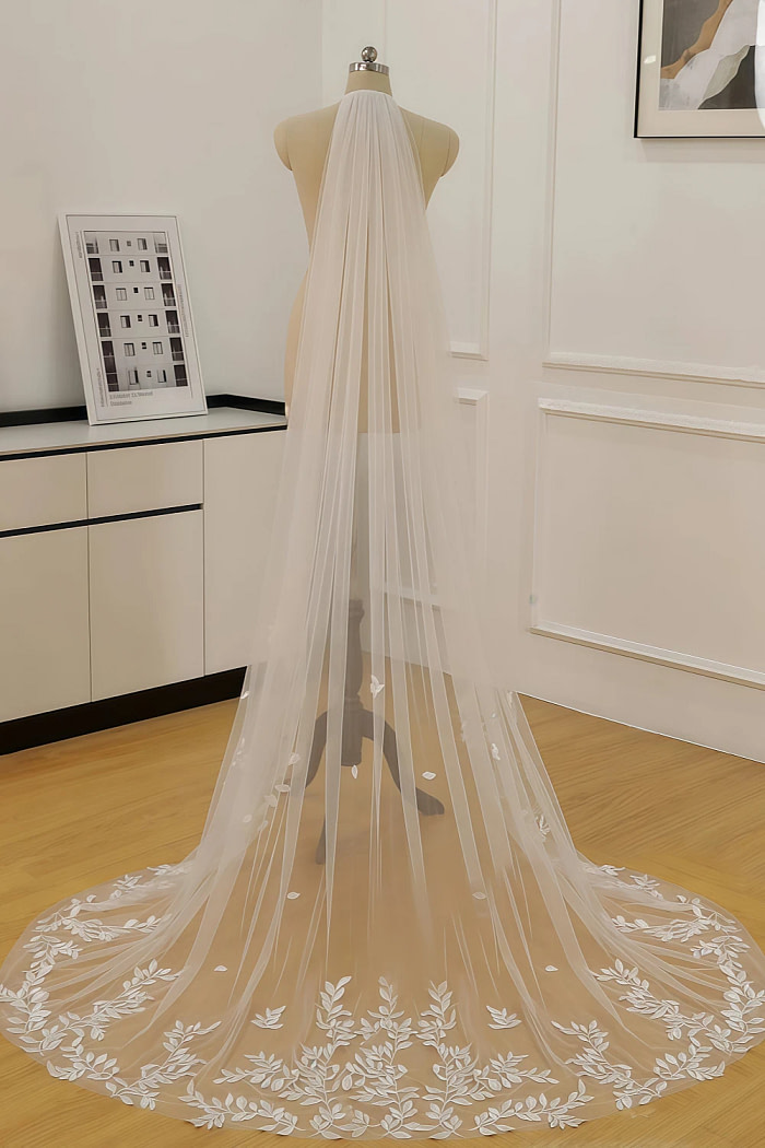 Akaks White Bree Lace Cathedral Wedding Veil With Delicate Lace And Leaf Embellishments Image753982