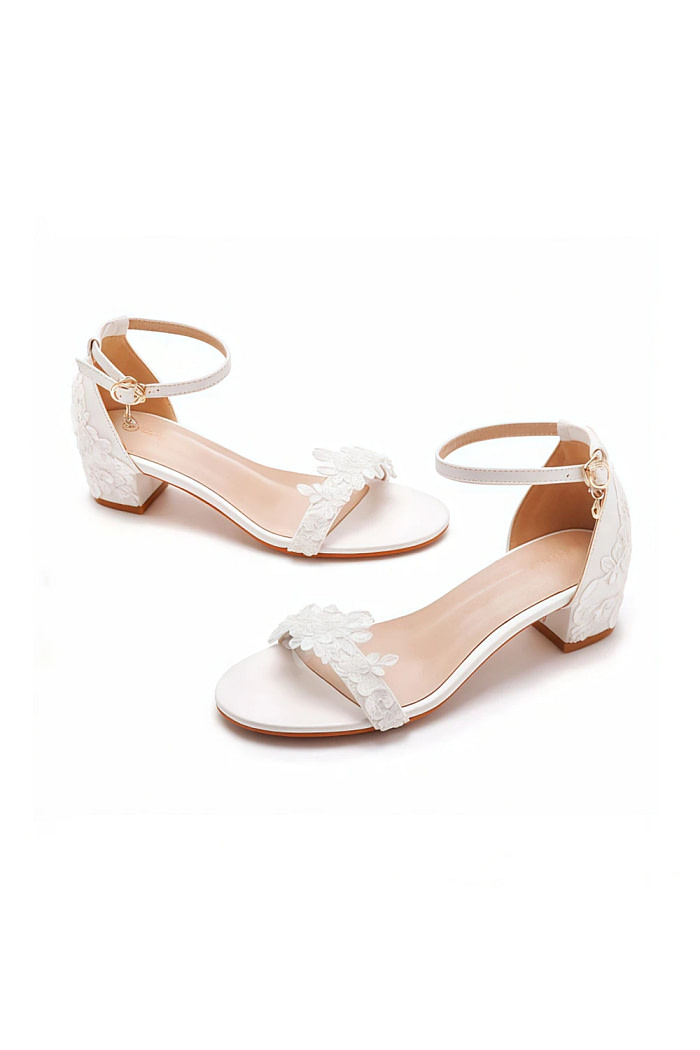 Akaks White Lace Open Toe Daria Block Heel Sandals With Ankle Strap Heel Height 1.77Inch Image833338