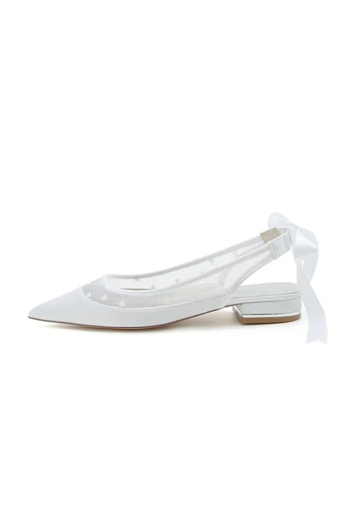 Akaks White Mesh Pointed Toe Block Heel Uia Wedding Flats With Bow Image314834