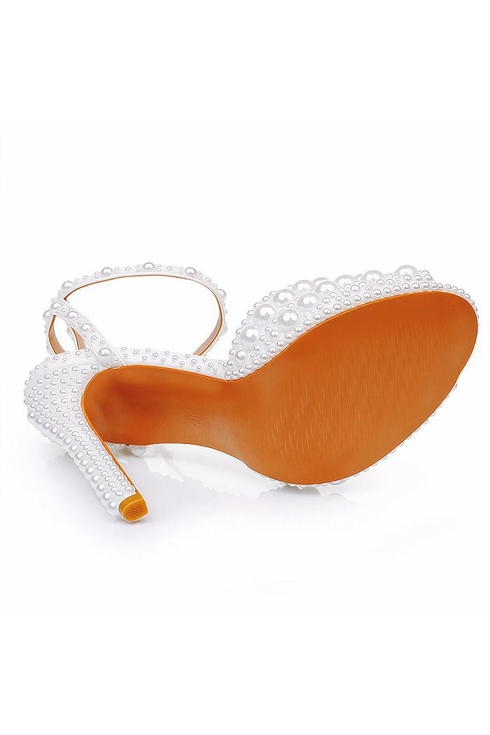 Akaks White Satin Stiletto Heel Maira Pearl Sandals Open Toe With Ankle Strap Heel Height 11Cm Image259710