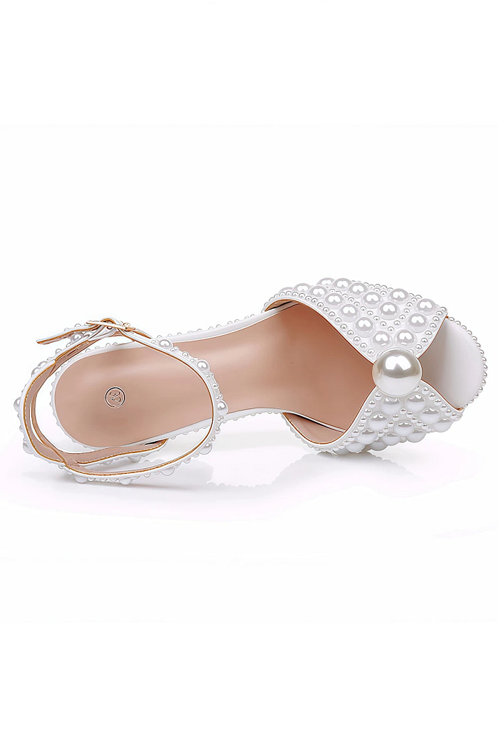 Akaks White Satin Stiletto Heel Maira Pearl Sandals Open Toe With Ankle Strap Heel Height 11Cm Image334935