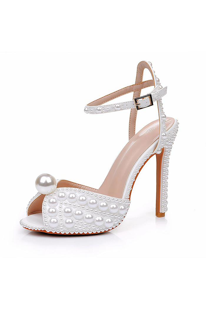 Akaks White Satin Stiletto Heel Maira Pearl Sandals Open Toe With Ankle Strap Heel Height 11Cm Image375410