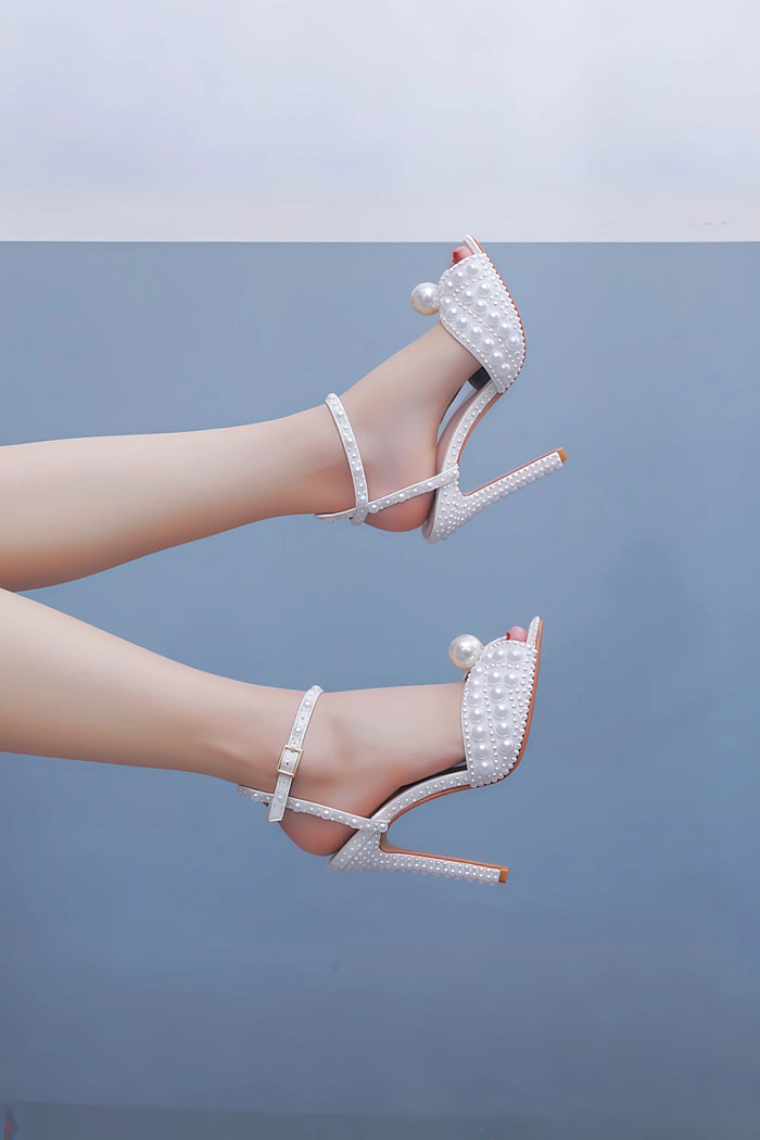 Akaks White Satin Stiletto Heel Maira Pearl Sandals Open Toe With Ankle Strap Heel Height 11Cm Image671518