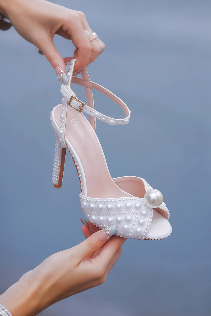 Akaks White Satin Stiletto Heel Maira Pearl Sandals Open Toe With Ankle Strap Heel Height 11Cm Image992618