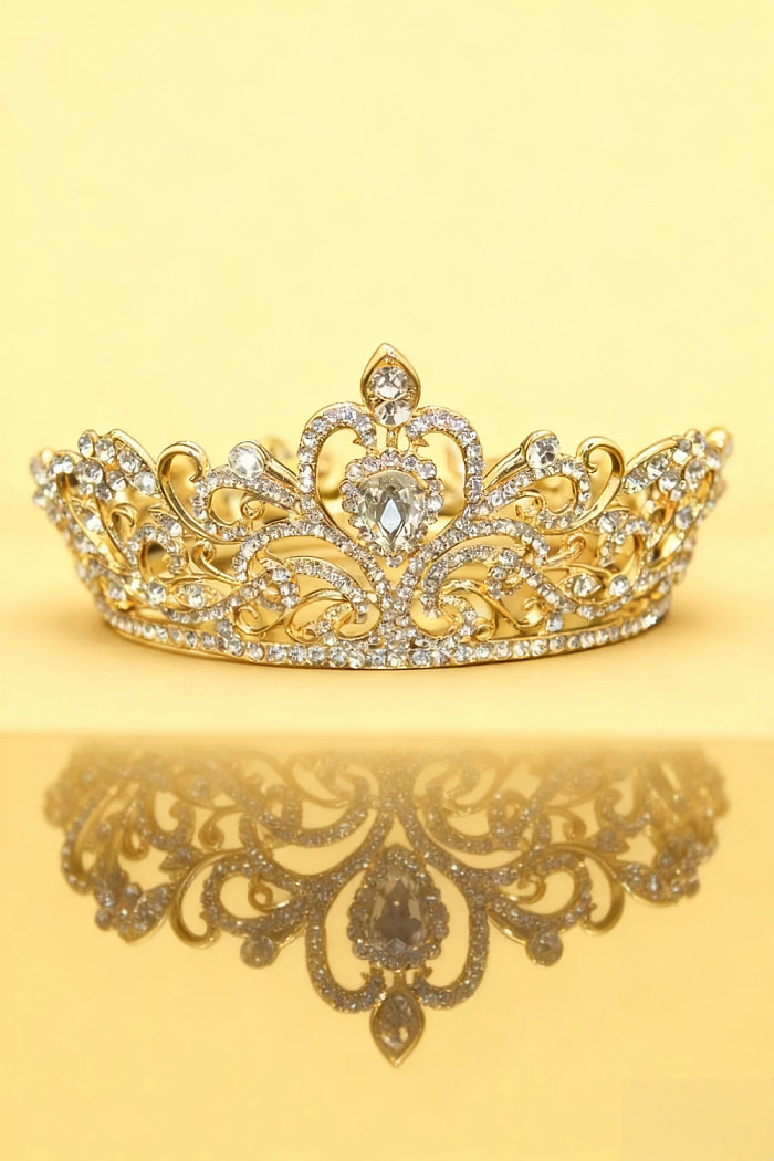 Akaks Golden Metal Frame With White Crystal Princess Tiara Bridal Crown Image260554