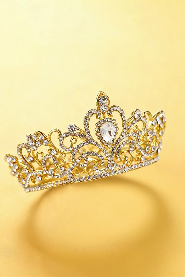 Akaks Golden Metal Frame With White Crystal Princess Tiara Bridal Crown Image301329