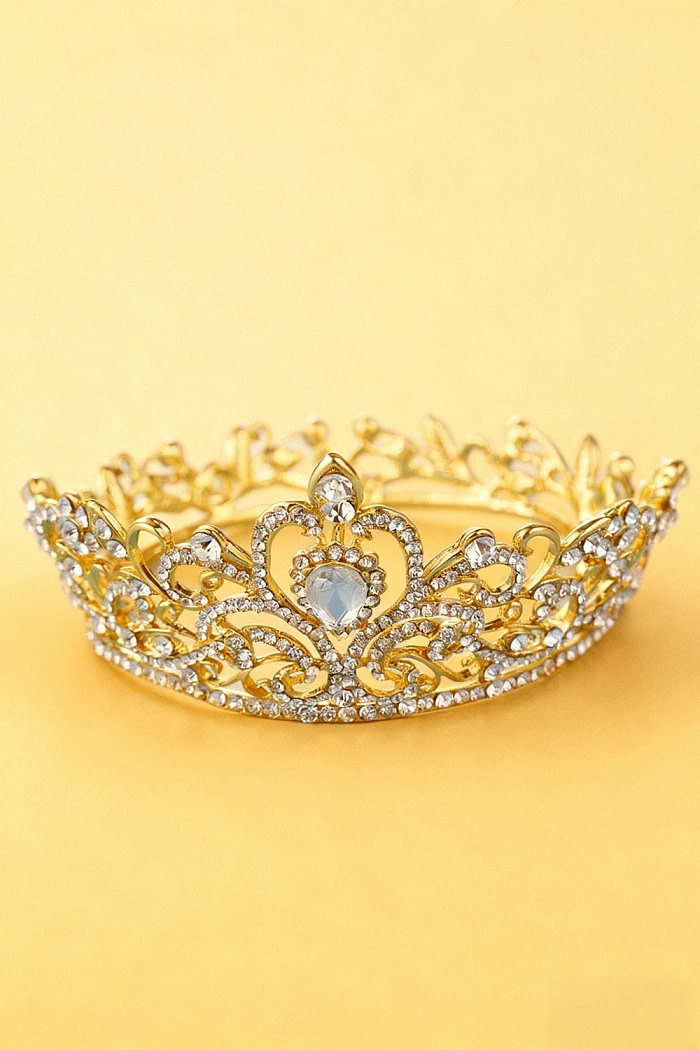 Akaks Golden Metal Frame With White Crystal Princess Tiara Bridal Crown Image623060