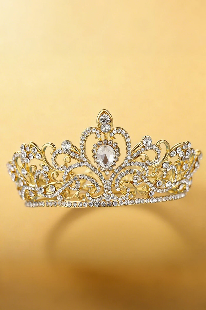 Akaks Golden Metal Frame With White Crystal Princess Tiara Bridal Crown Image803379