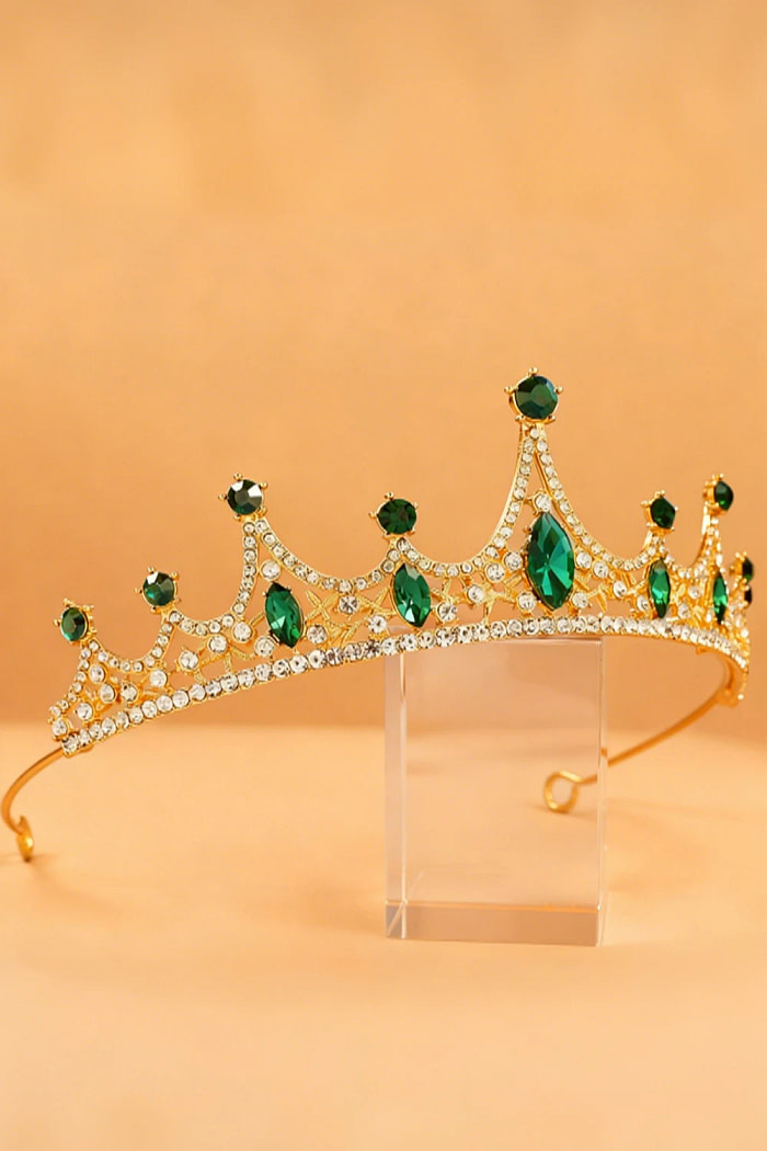 Akaks Ophel Gold Metal Frame With Green Rhinestones Princess Tiara Queen Crown Headband For Party Image481740