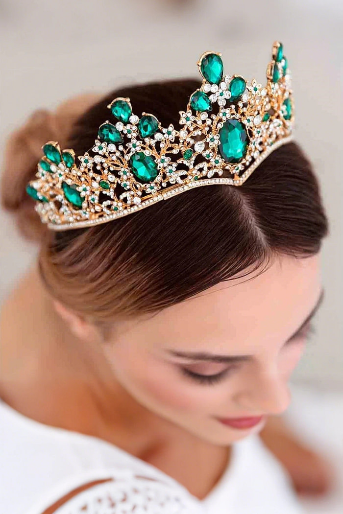 Akaks Tegan Gold Metal Frame With Green Crystal Wedding Tiara Hair Accessories For Bride Image765652