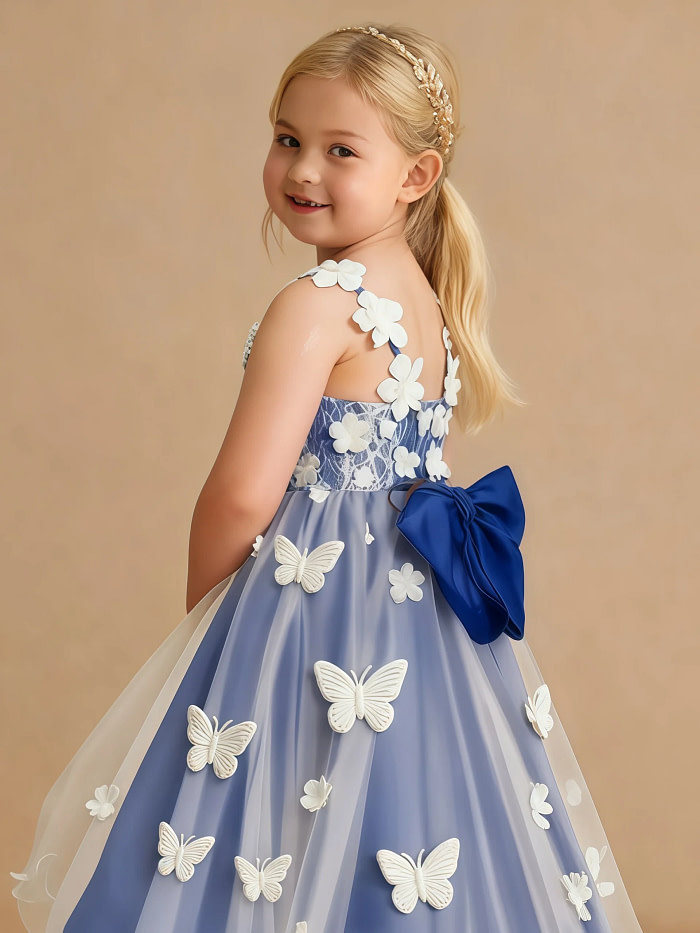 Akaks Eria Royal Blue Flower Girl Dress A-Line V-Neck Lace Tulle Asymmetrical Hem Sleeveless 3D White Flowers Dress Image926269