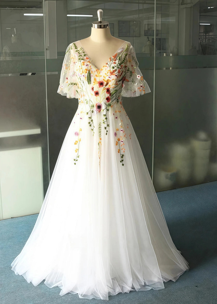 Lisa | Discover Floral Cap Sleeve V Neck Wedding Dresses For Elegant Brides - White Floral - Promdressclub