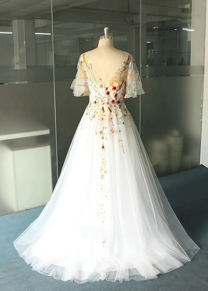 Lisa | Discover Floral Cap Sleeve V Neck Wedding Dresses For Elegant Brides - White Floral - Promdressclub