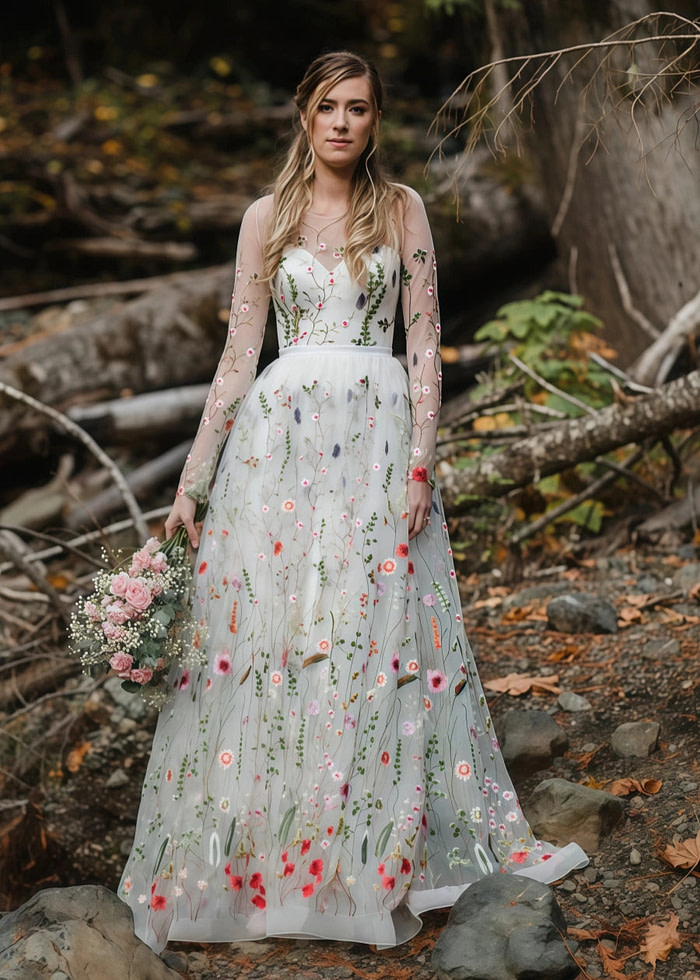 Livia | Discover Timeless Floral Modest Wedding Dresses With Luxe Sleeves Under 1000 - Ivory Floral - Promdressclub