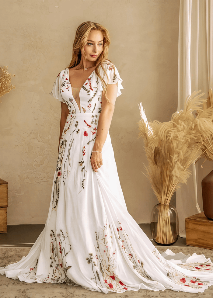 Lola | Stunning Floral Wedding Dresses With Sleeves - Ivory Floral - Promdressclub